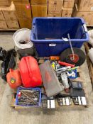 Pallet of Asst. Hand Tools, Drill Bits, Tape, Fuel Cans, etc.
