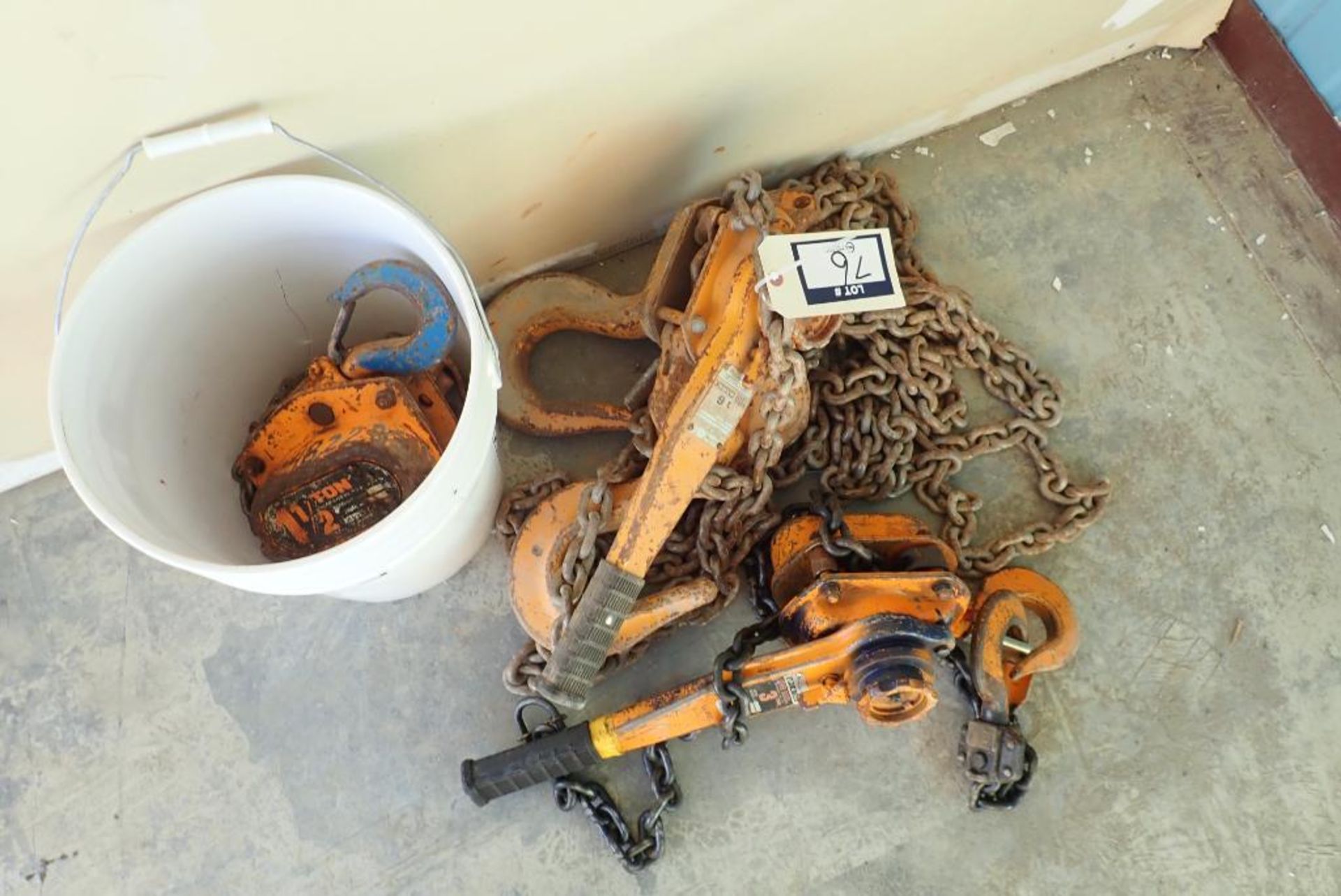 Lot of 9-Ton Chain Come-Along, 3-Ton Chain Come-Along and (2) 1/2-Ton Chain Hoists.