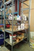 Lot of EZ-Rect Shelf, Asst. Shop Fluids, Silicone, Hydraulic Transmission Oil, 10W30 Oil, etc.