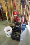 Lot of 3 ABC Fire Extinguishers, Brooms, Shovels, Clevises, Sledgehammers, etc.