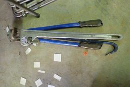 Lot of Aluminum 36" Pipe Wrench, Bolt Cutters, and Crowbar.