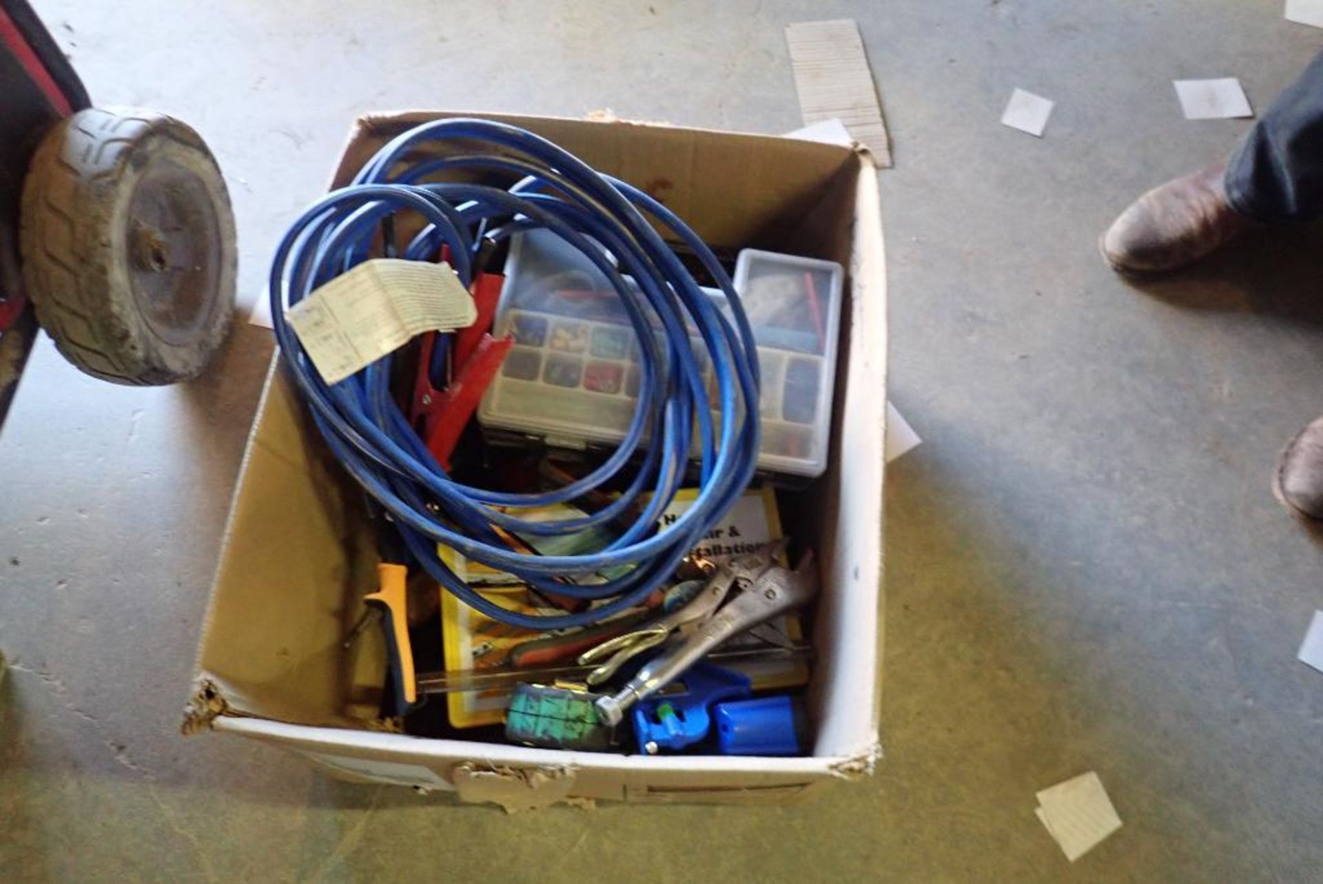 Lot of Asst. Hand Tools, Fasteners, Heavy Duty Booster Cables.