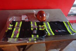 Lot of 4 Cases Safety Vests, 3 Cases Safety Short Sleeve Shirts, 5 Cases Safety Helmets NEW, UNUSED.