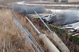 Lot of Approx. 60 Treated 7' Posts, 5 Rolls Page Wire, Chain Link Posts, Rails, etc.
