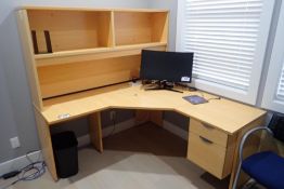 Corner Single Pedestal Desk w/ Stack-On and Bookcase.