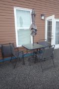 Lot of 36" Square Table, 4 Patio Chairs, Umbrella and Stand.