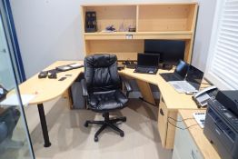 U-Shaped Desk w/ Stack-On, Lateral 2-Drawer File Cabinet, Task Chair and 2 Mobile Side Chairs.