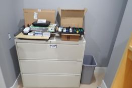 Lot of Lateral 3-Drawer File Cabinet, Paper Cutter, Asst. Keyboards, Tester Kit, etc.