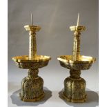 A RARE PAIR OF CHINESE GILT-COPPER AND CHAMPLEVE ENAMEL PRICKET CANDLESTICKS QING DYNASTY, QIANLONG