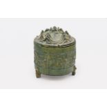 A CHINESE GREEN-GLAZED POTTERY TRIPOD CENSER AND COVER, EASTERN HAN DYNASTY, 25 - 220 AD