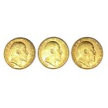 Edward VII three gold Sovereign coins, 1910