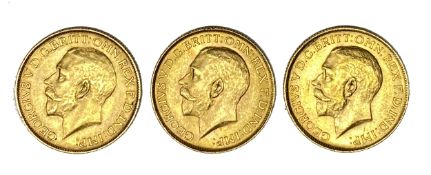 George V three gold Sovereign coins, 1925, Pretoria mint