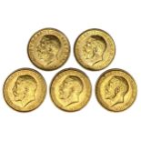 George V five gold Sovereign coins, 1911,