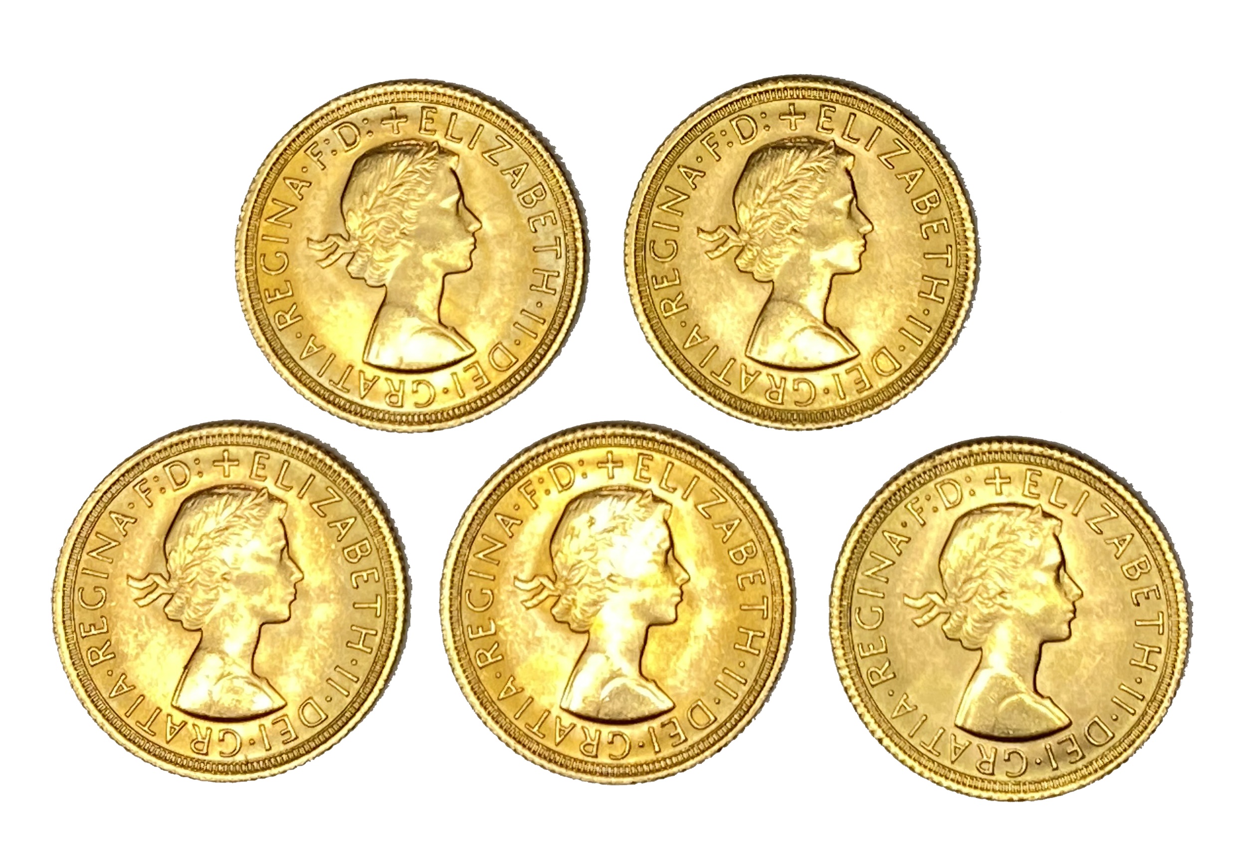 Elizabeth II five gold Sovereign coins, 1967