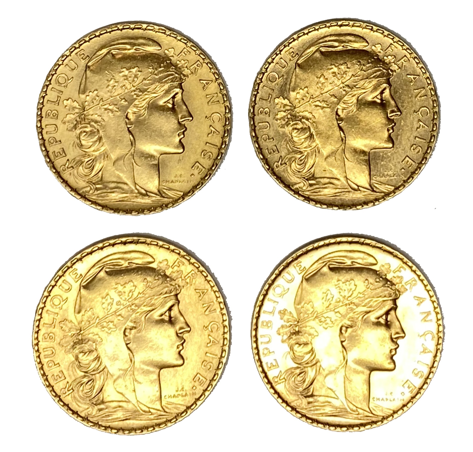 French Republic four 20 Franc gold coins, 1905
