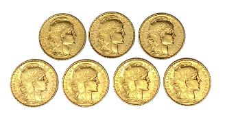 French Republic, seven 20 Franc gold coins, 1904