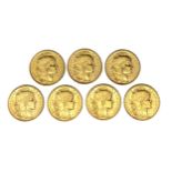 French Republic, seven 20 Franc gold coins, 1904