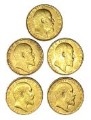 Edward VII five gold Sovereign coins, 1910