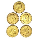 Edward VII five gold Sovereign coins, 1910