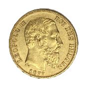 Belgium, 20 Franc gold coin, Leopold II, 1877