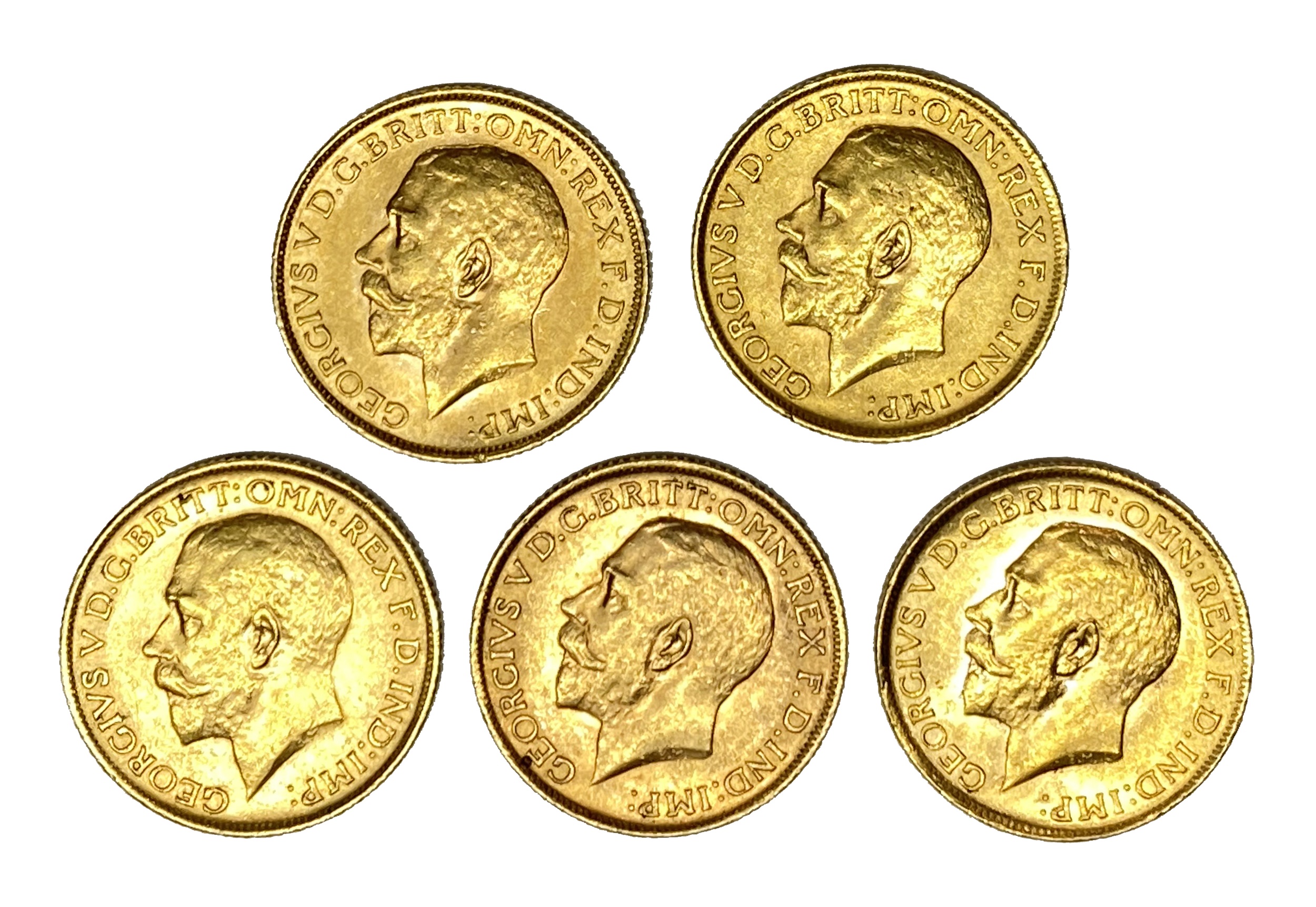 George V five gold Sovereign coins, 1912,