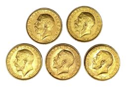 George V five gold Sovereign coins, 1912,