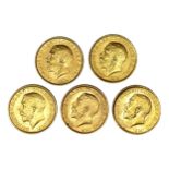 George V five gold Sovereign coins, 1912,