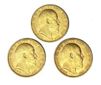 Edward VII three gold Sovereign coins, 1903