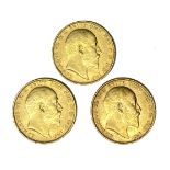 Edward VII three gold Sovereign coins, 1903