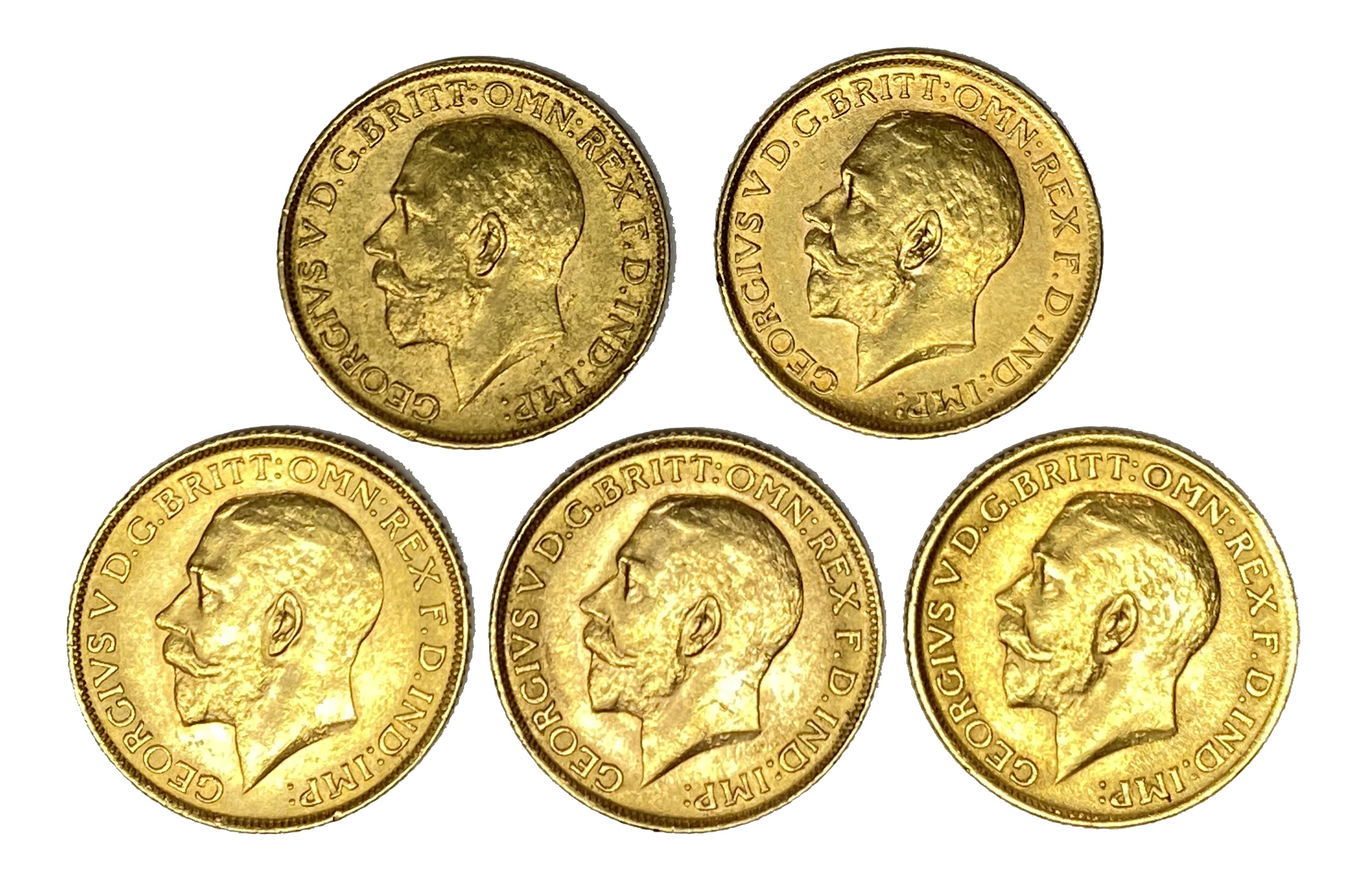 George V five gold Sovereign coins, 1912,