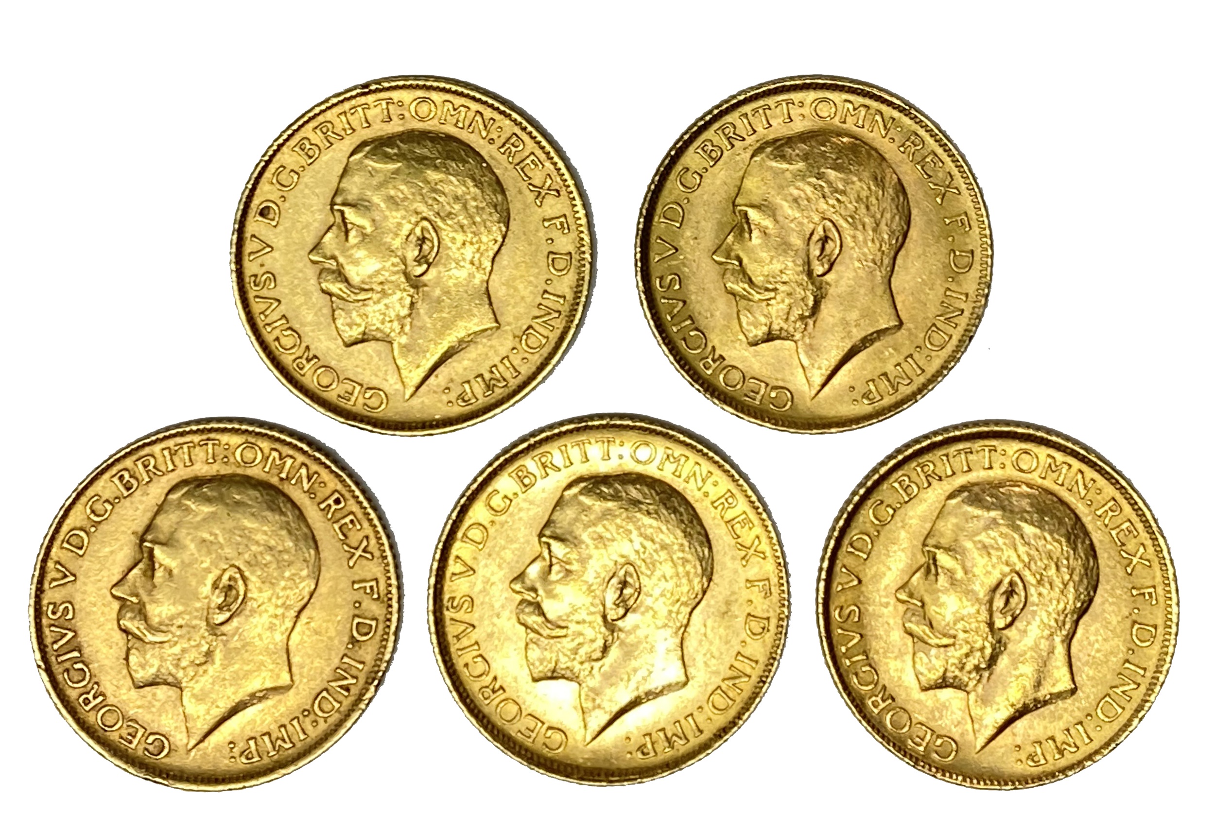 George V five gold Sovereign coins, 1911,