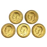 George V five gold Sovereign coins, 1911,