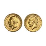 George V two gold half Sovereign coins, 1911 & 1912