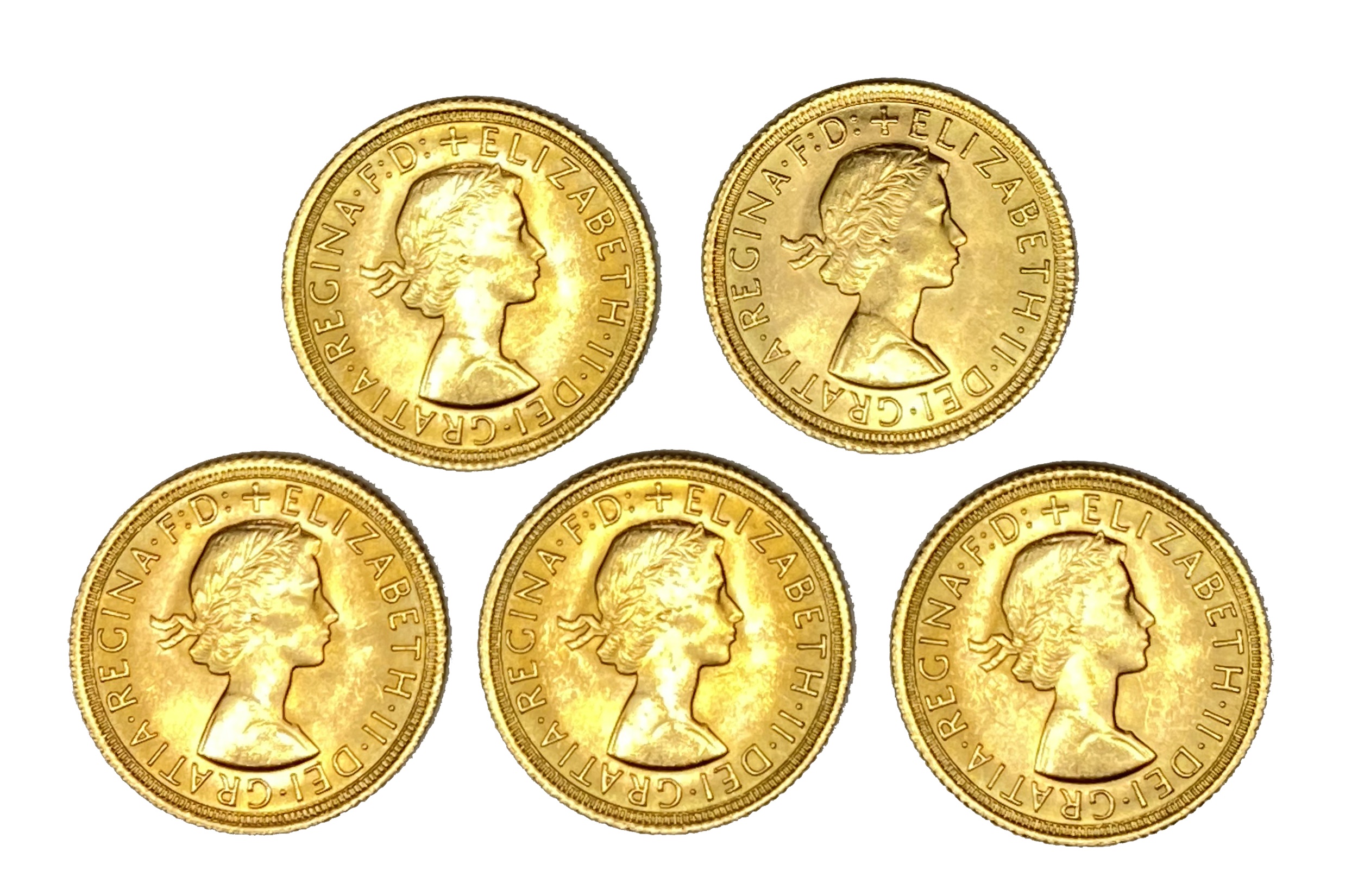 Elizabeth II five gold Sovereign coins, 1967