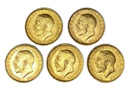 George V five gold Sovereign coins, 1911,