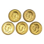 George V five gold Sovereign coins, 1911,