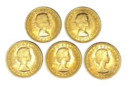 Elizabeth II five gold Sovereign coins, 1966