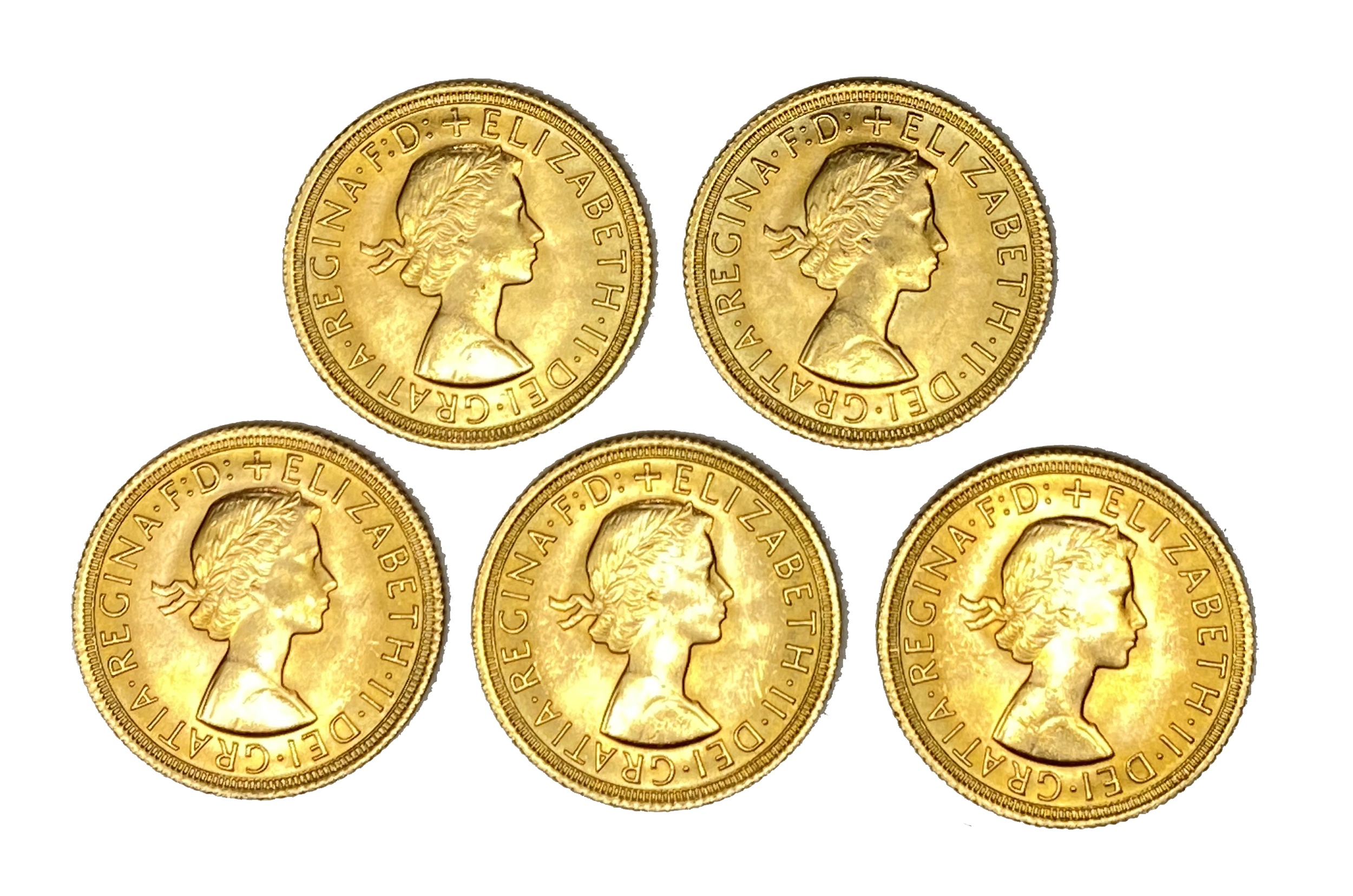 Elizabeth II five gold Sovereign coins, 1967