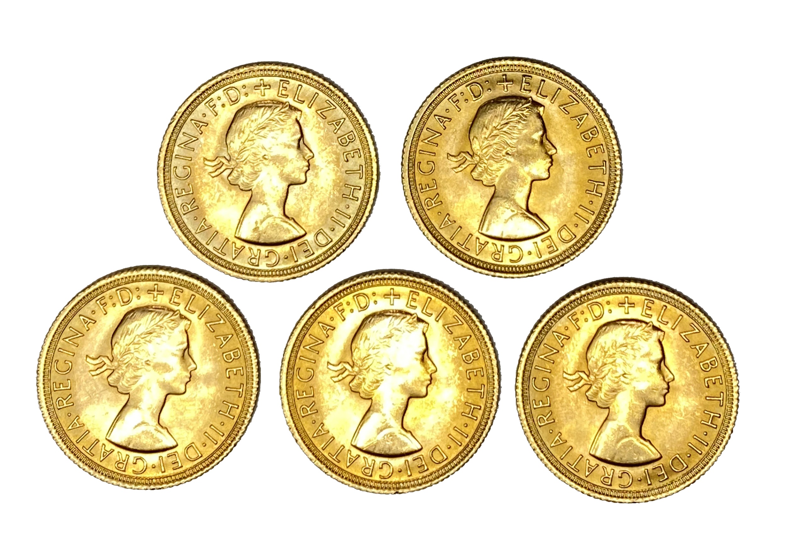 Elizabeth II five gold Sovereign coins, 1967