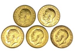 George V five gold Sovereign coins, 1911,
