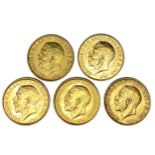 George V five gold Sovereign coins, 1911,