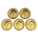 George V five gold Sovereign coins, 1912,