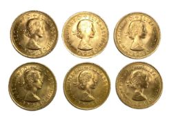 Elizabeth II six gold Sovereign coins, 1968