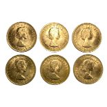 Elizabeth II six gold Sovereign coins, 1968