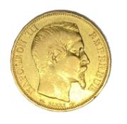 French Empire 20 Franc gold coin, Napoleon III, 1853