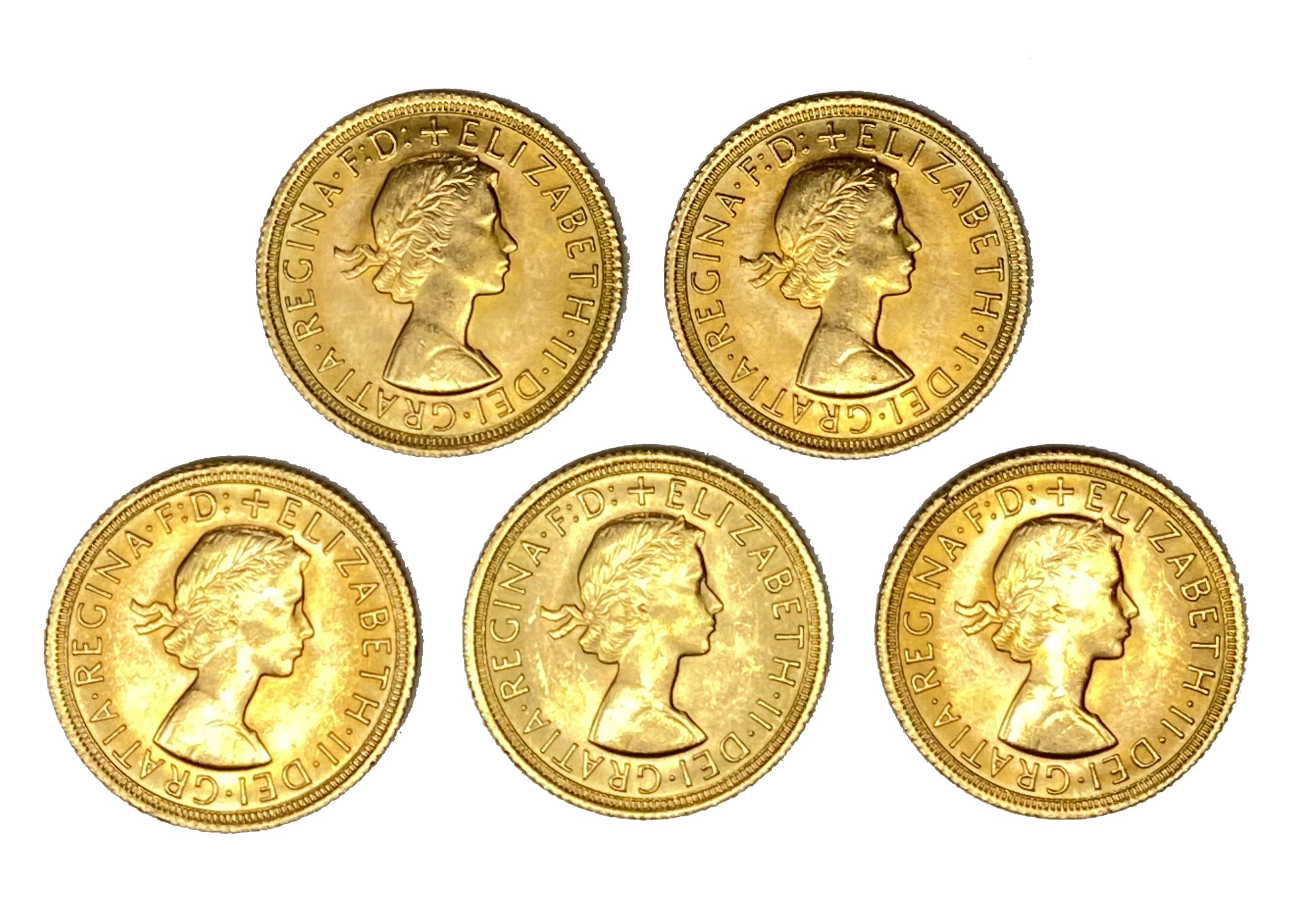 Elizabeth II five gold Sovereign coins, 1967