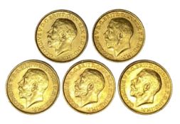 George V five gold Sovereign coins, 1912