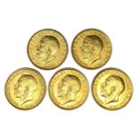 George V five gold Sovereign coins, 1912