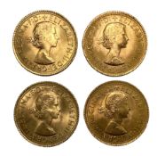 Elizabeth II four gold Sovereign coins, 1965