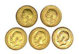 George V five gold Sovereign coins, 1913